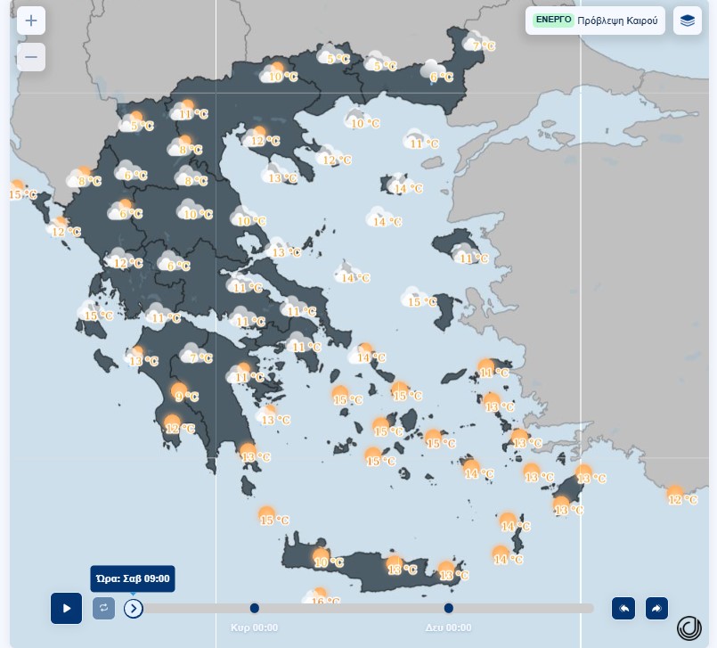 εικόνα που δείχνει χάρτη της ΕΜΥ με τις μέσες θερμοκρασίας για το Σάββατο