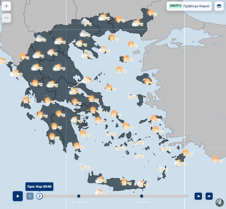 εικόνα που δείχνει χάρτη της ΕΜΥ με τις μέσες θερμοκρασίες για την Κυριακή των Βαΐων