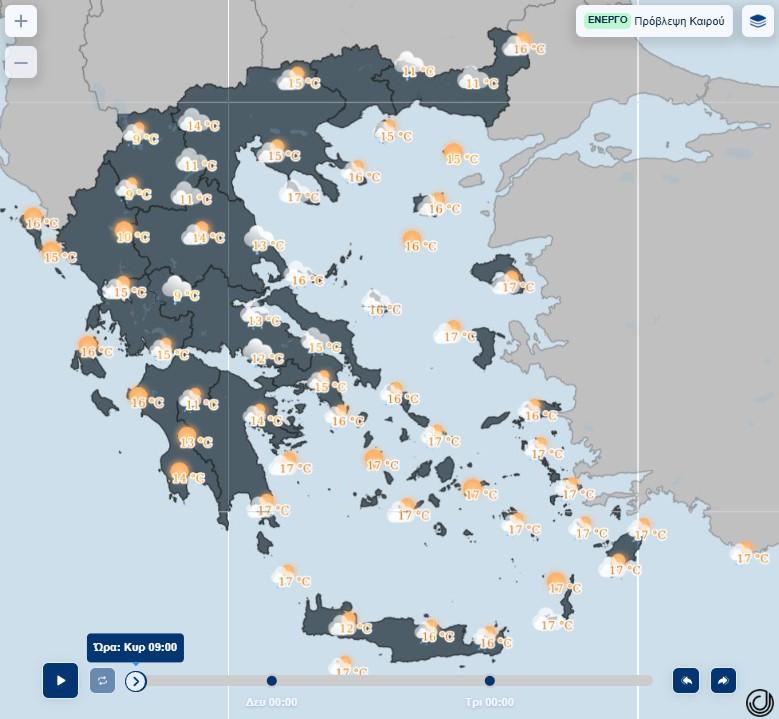 Εικόνα που δείχνει χάρτη της ΕΜΥ με τις μέσες θερμοκρασίες για την Κυριακή