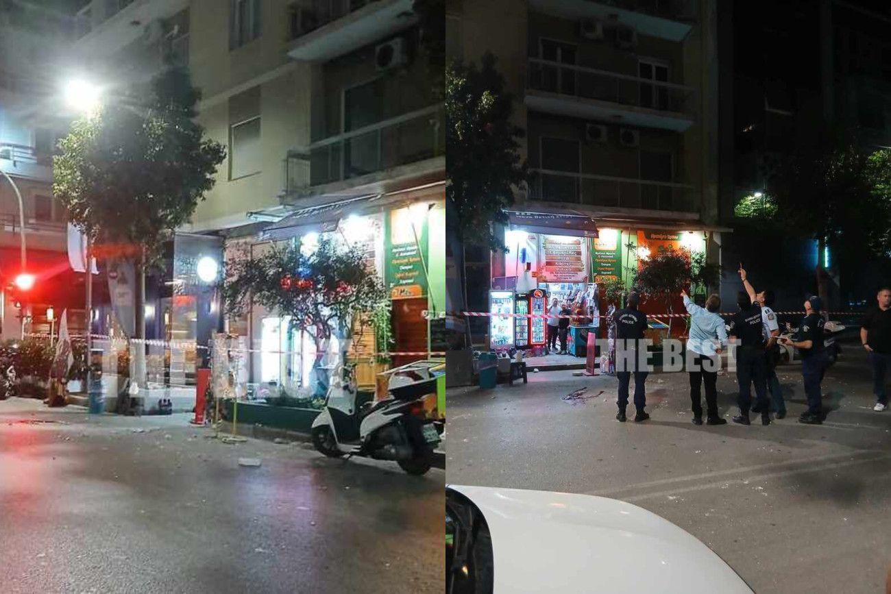 εικόνα που δείχνει αστυνομικούς στο σημείο όπου προσγειώθηκαν τα μάρμαρα από το μπαλκόνι του 5ου ορόφου