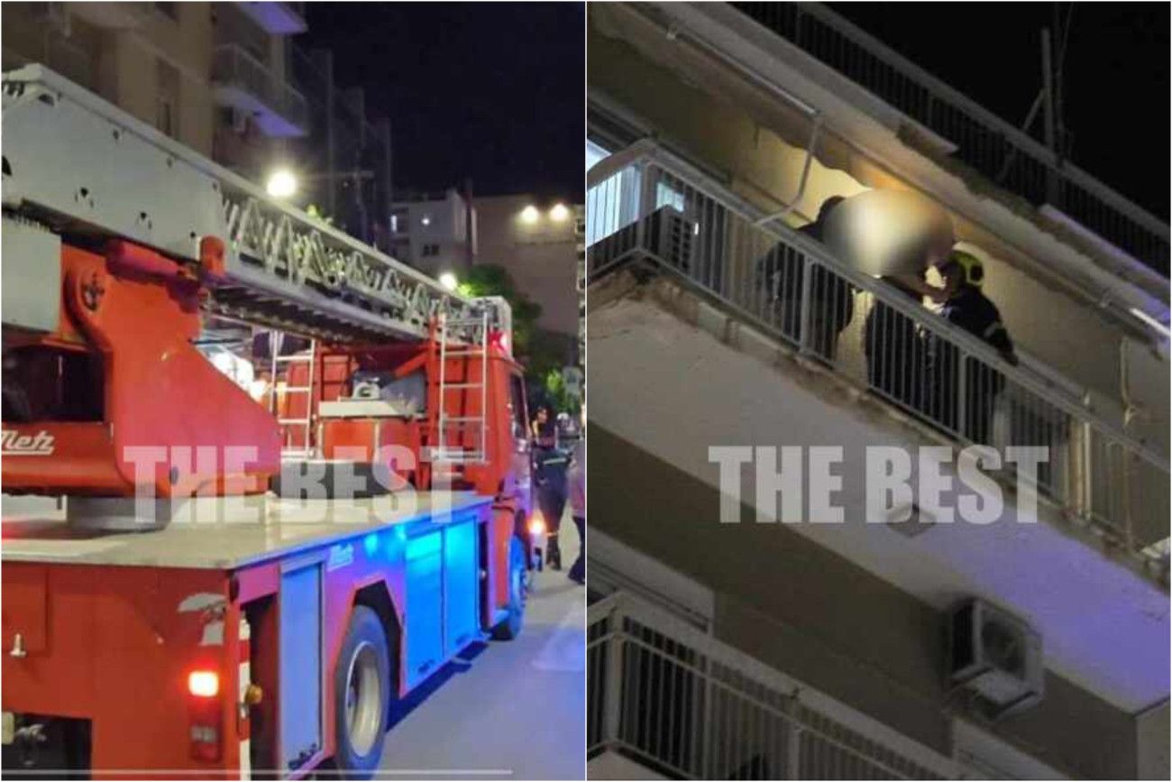 Εικόνα που δείχνει πυροσβεστικό όχημα στο σημείο και αστυνομικούς στο μπαλκόνι από όπου έπεσαν τα μάρμαρα