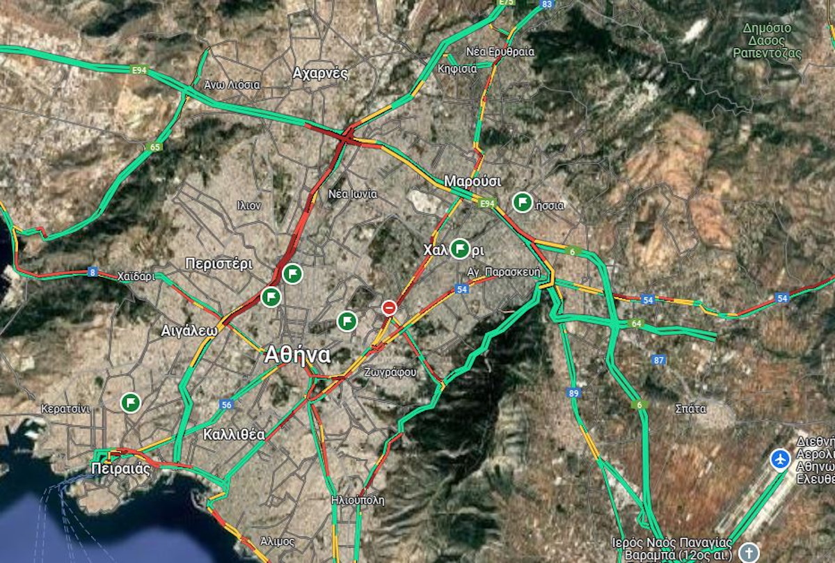 Χάρτης με κίνηση στους δρόμους της Αττικής