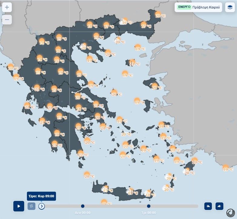 εικόνα που δείχνει χάρτη της ΕΜΥ με τις μέσες θερμοκρασίες για την Κυριακή