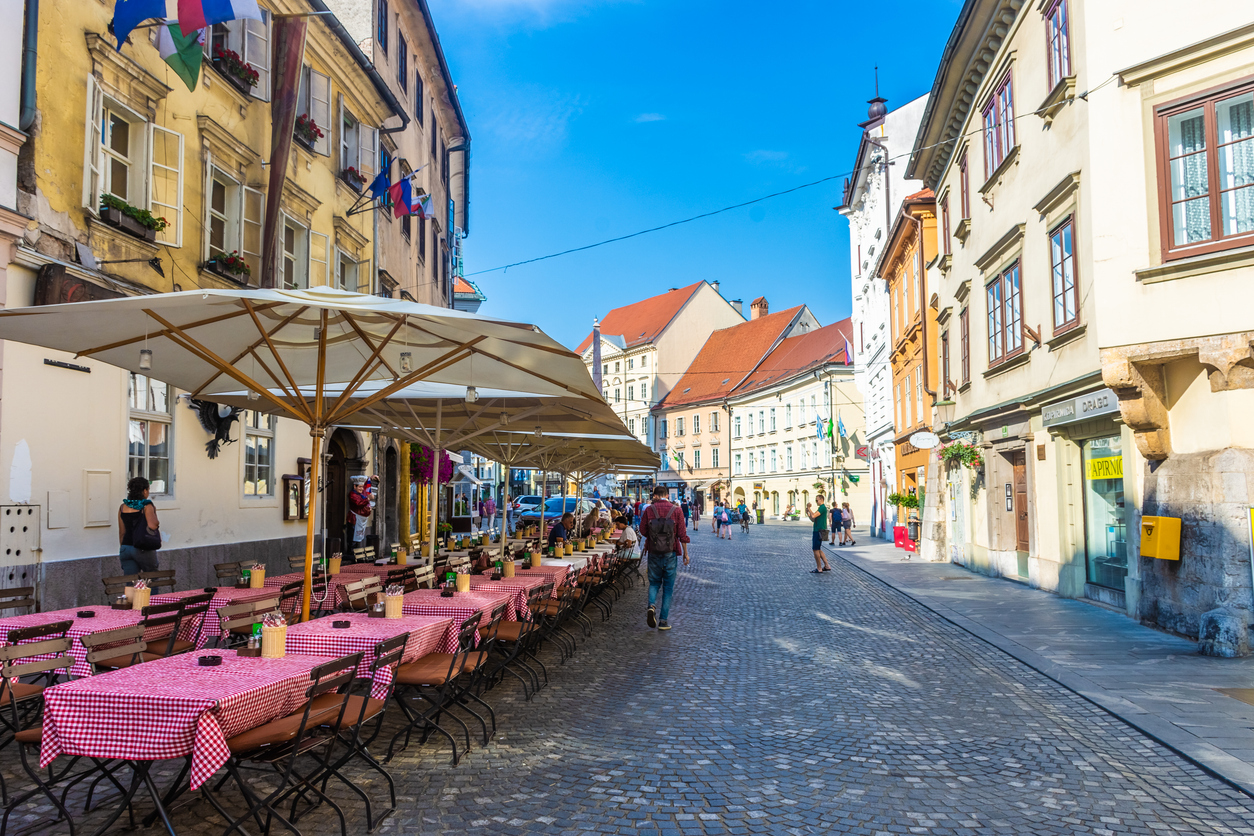 LJUBLJANA, SLOVENIA, 5th AUGUST 2019: Restaurant in the street of the historic center