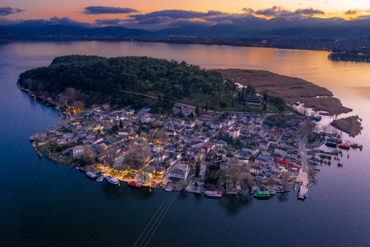Aerial view of Ioannina city in Greece, Aslan Pasha Tzami, the lake with the island of Kyra Frosini or nissaki.