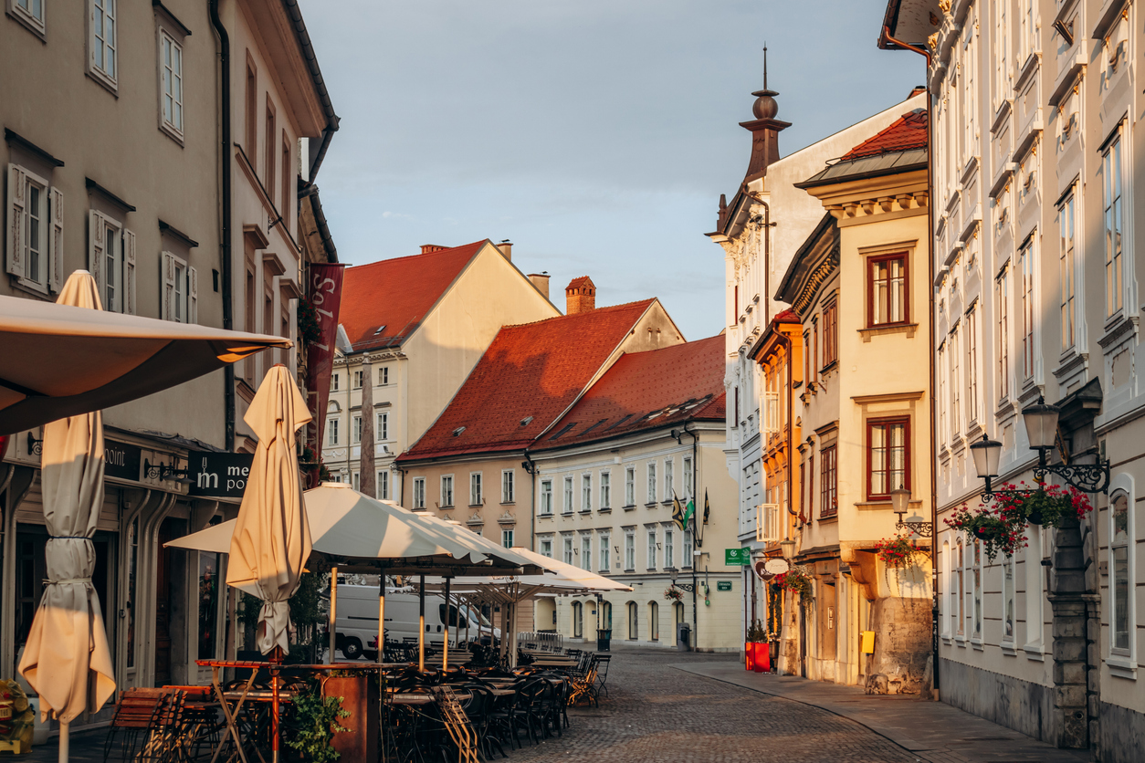 Ljubljana, Slovenia - 14 August 2024: Wonderful and charming city center of Ljubljana, the capital of Slovenia