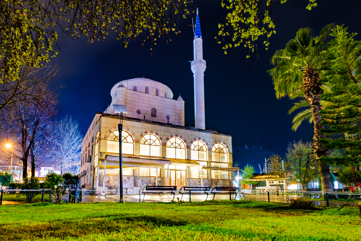 Fethiye, Turkey - February 18, 2025: Yeni Hamidiye Mosque at night