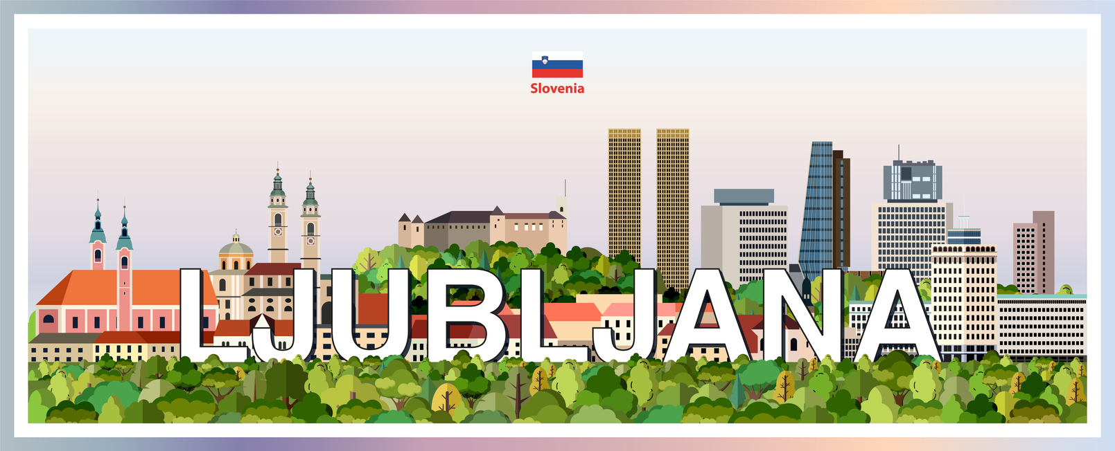 Ljubljana abstract cityscape colorful vector illustration with big city name on the background and a gradient frame border. I drew all elements in a vector graphics editor and design program. Elements and layers are well organized, separable, detachable and easy to use and edit.