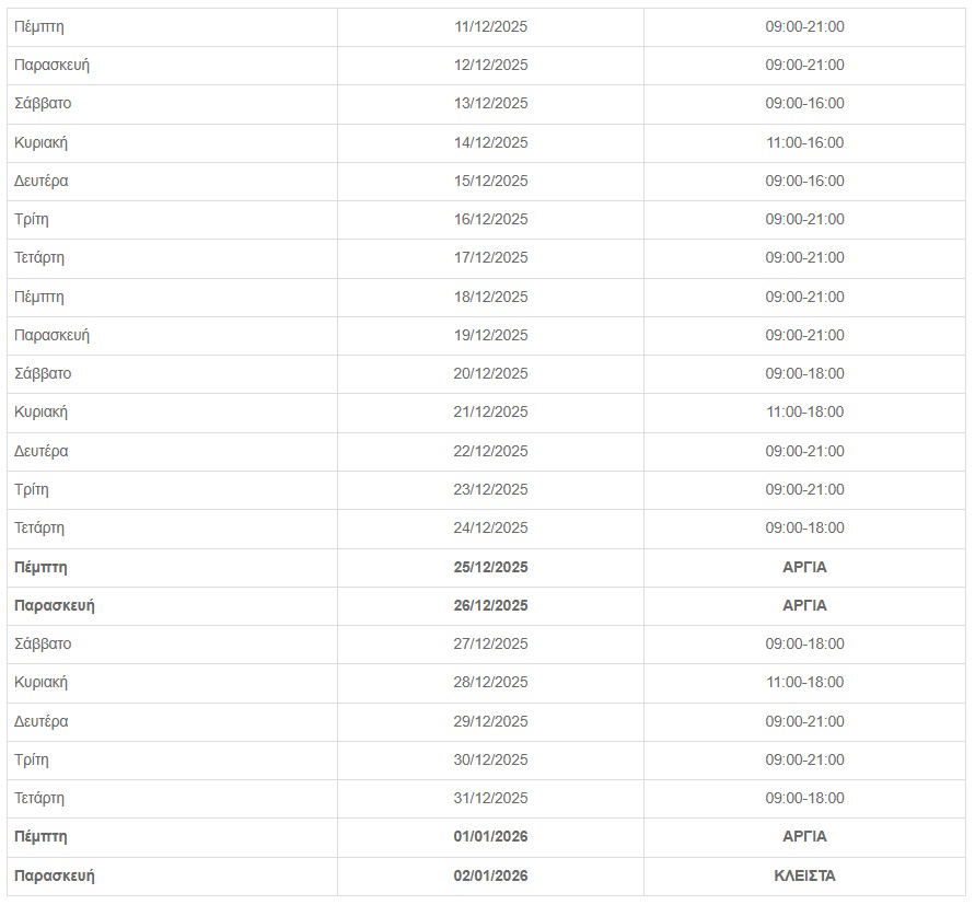 Εορταστικό ωράριο καταστημάτων 2025