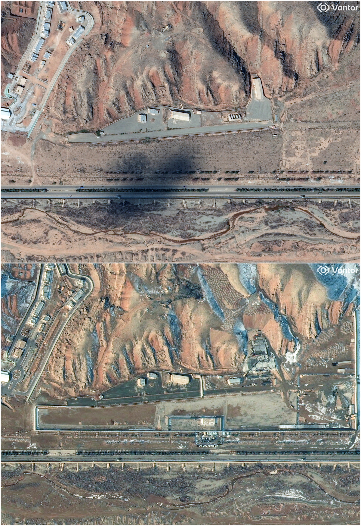 Δορυφορική εικόνα δείχνει τις μη καλυμμένες εισόδους των σηράγγων στο πυρηνικό συγκρότημα του Ισφαχάν.
